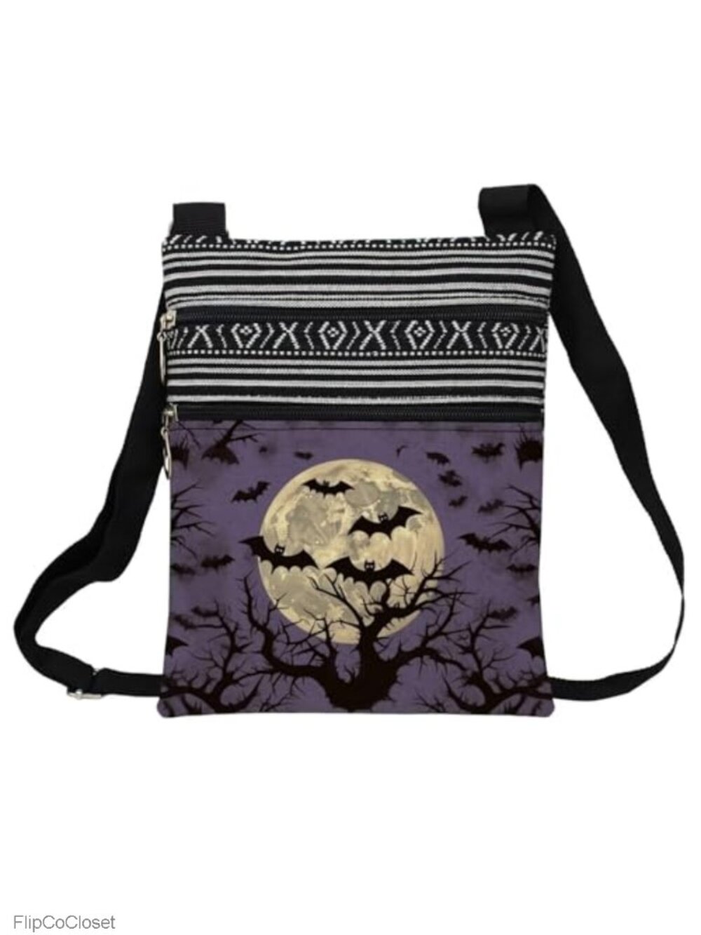 Polyester Halloween Night Bat Crossbody Bag Adjustable Strap Zipper Pouch